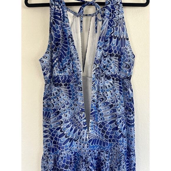 BOSTON PROPER Size 10 Boho Summer Peasant Tiered Maxi Dress Blue Feather Print - Picture 11 of 13